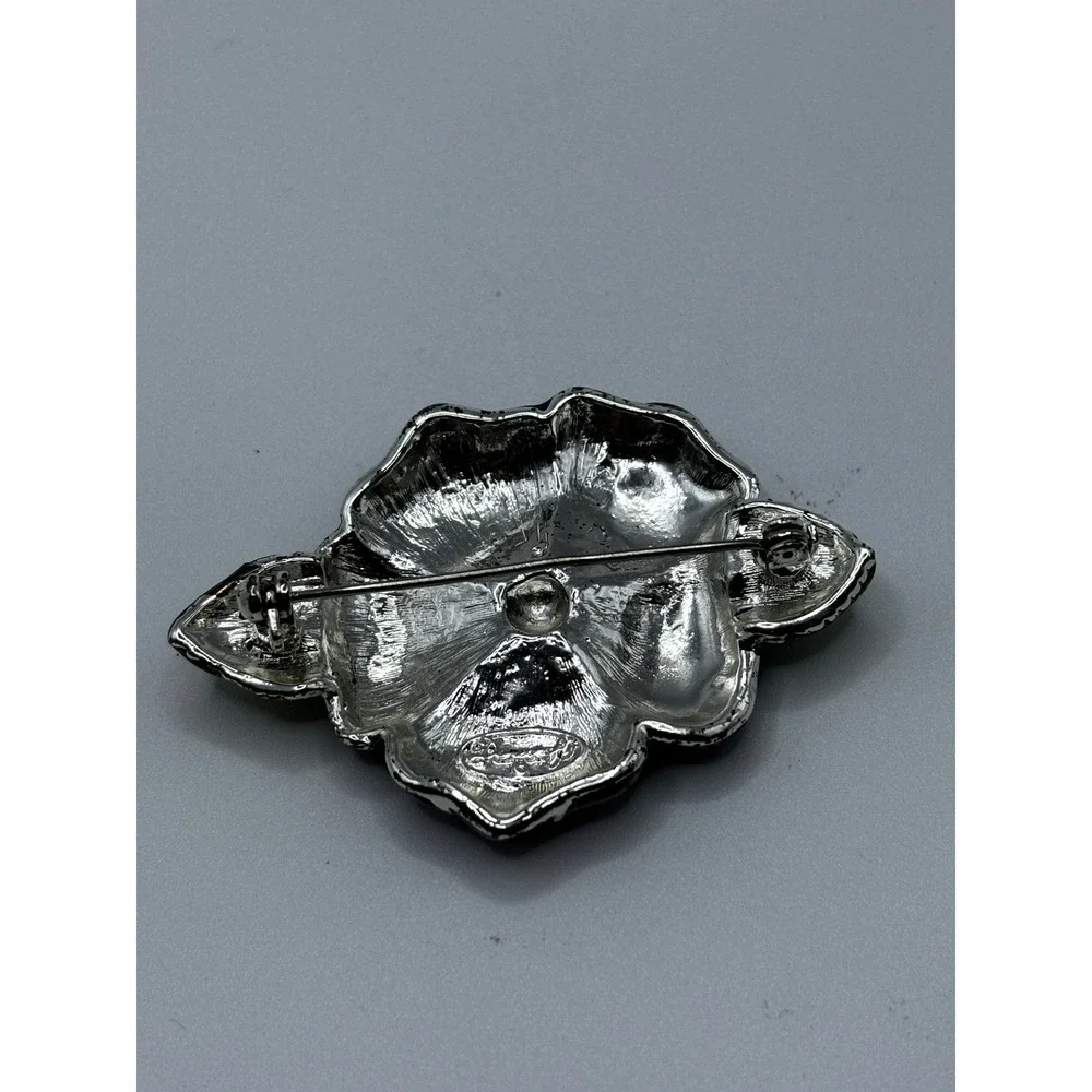 Vintage Enamel Flower Brooch Iridescent Teal Green Leaf Silver‎ Tone Floral Pin